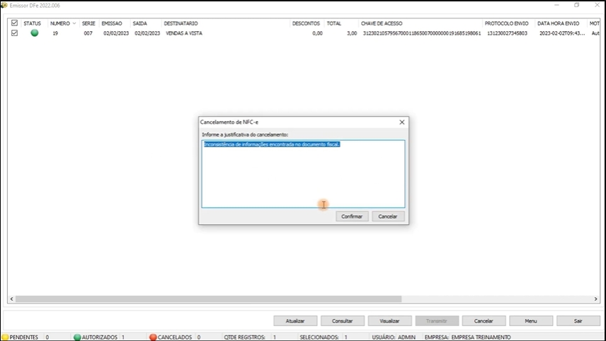 Motivo de cancelamento da NFCe