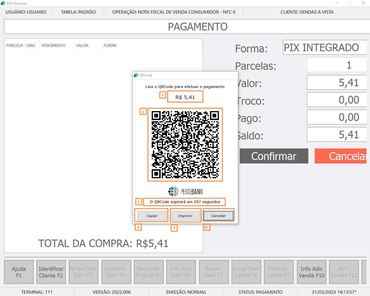 QR code do Pix dentro do PDV