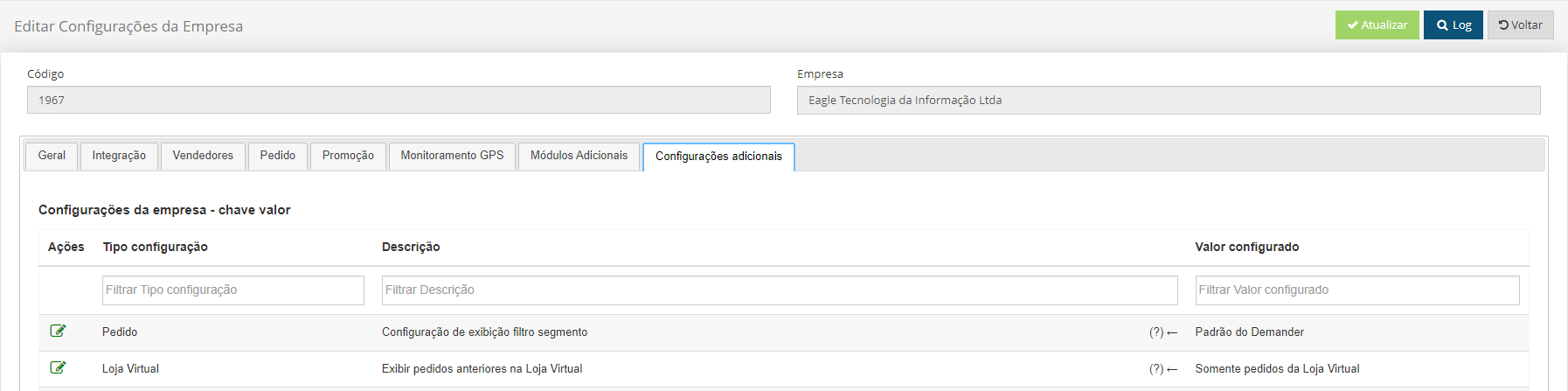 Aba configurações adicionais das configurações de empresas