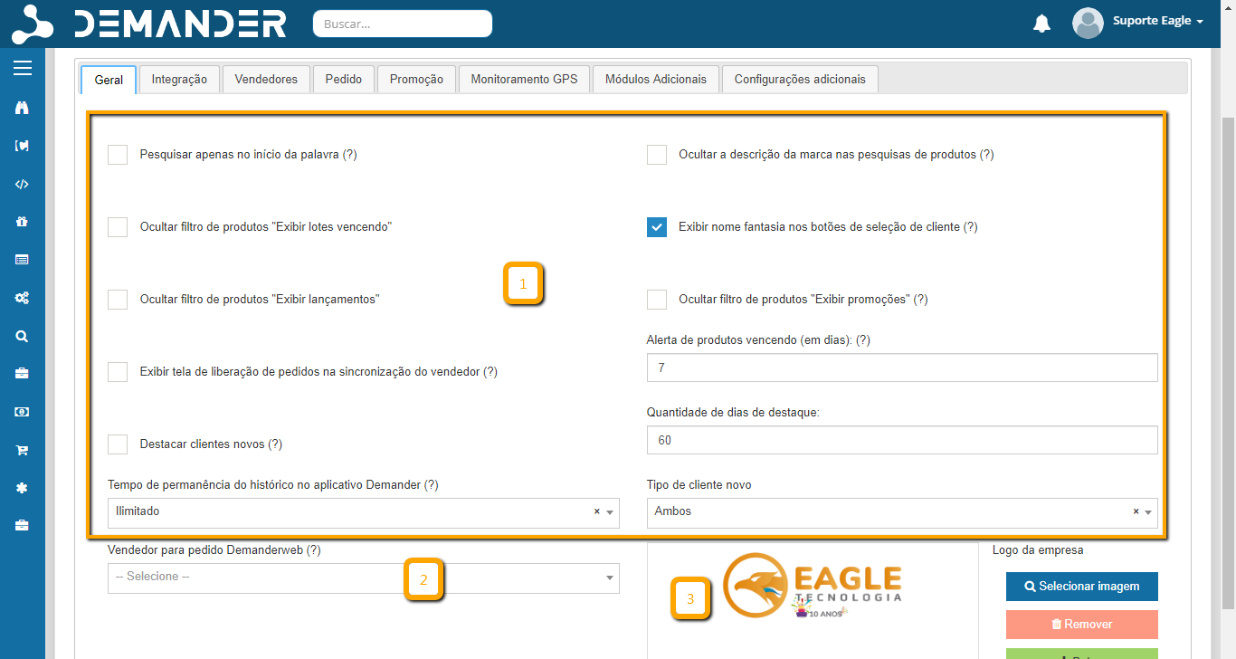 Aba geral das configurações de empresas