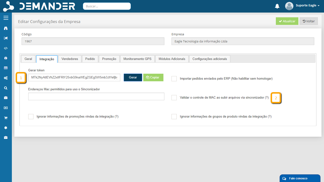 Aba integração das configurações de empresas