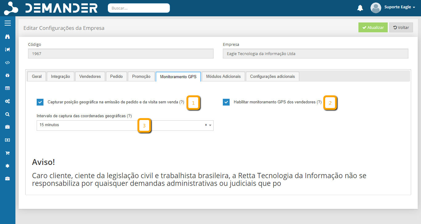 Aba monitoramento GPS das configurações de empresas