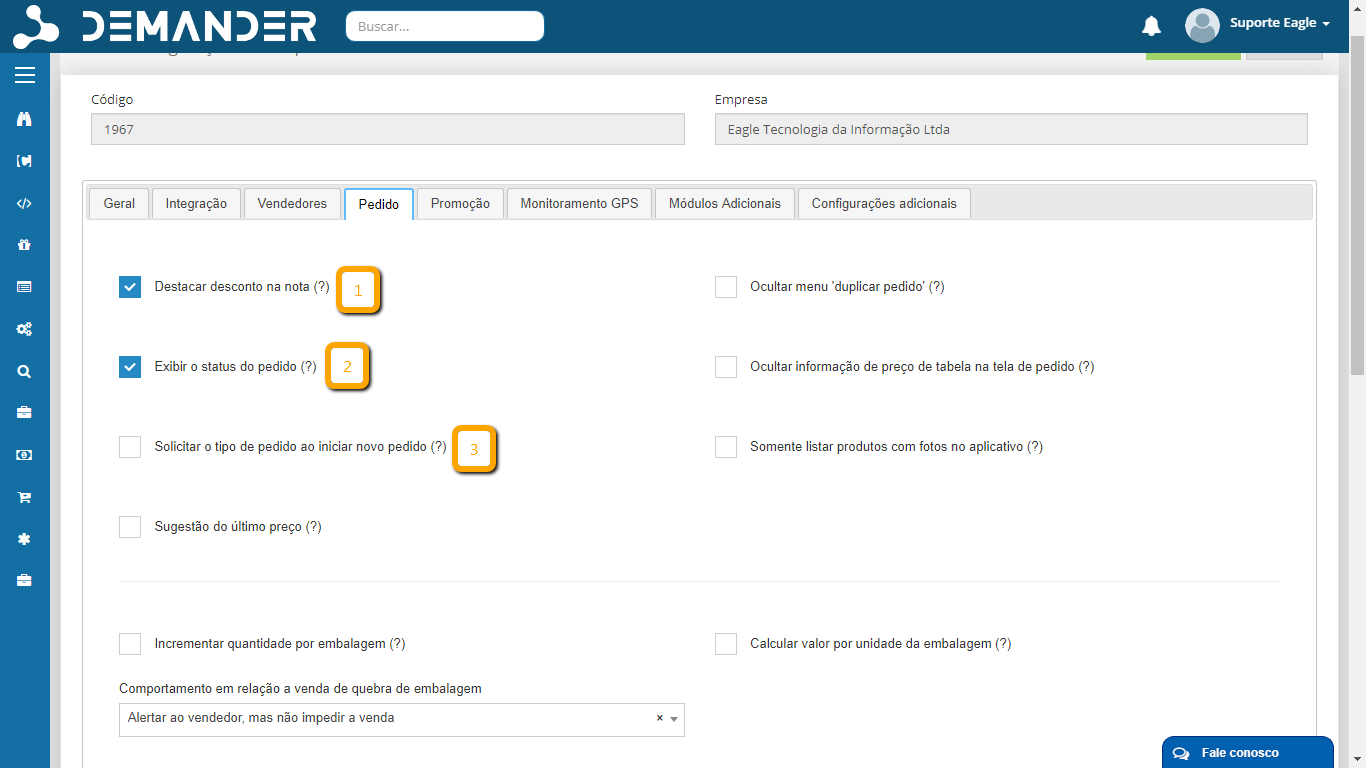 Aba pedido das configurações de empresas