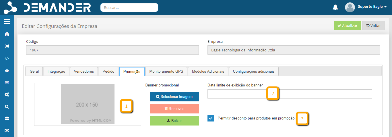 Aba promoção das configurações de empresas