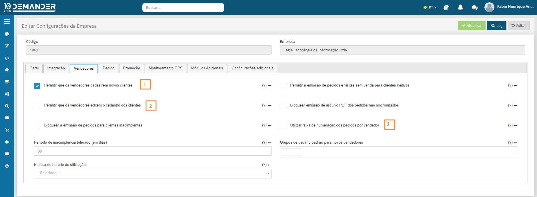 Aba vendedores das configurações de empresas