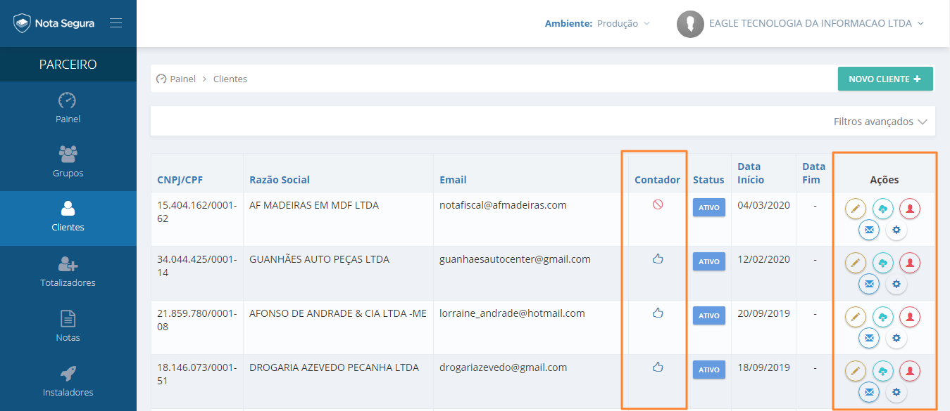 Visualizando clientes do nota segura