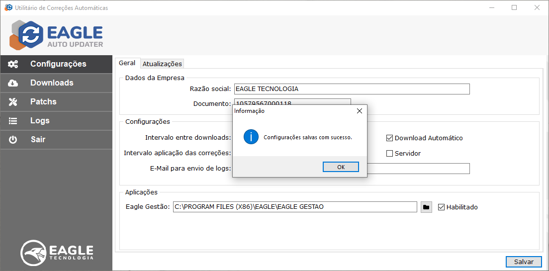 Tela de Configurações - Configurações salvas