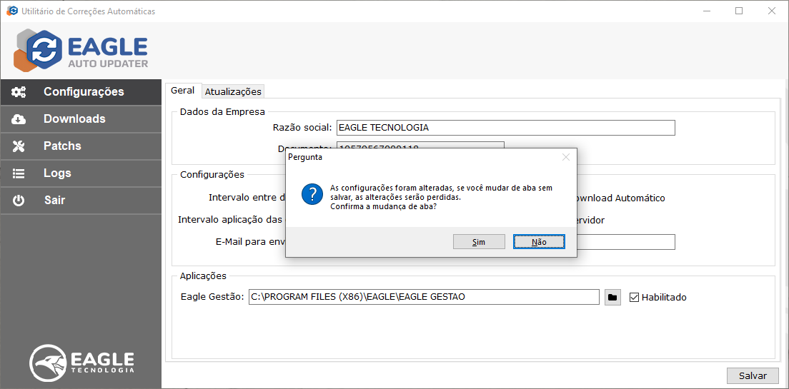 Tela de Configurações - Validação ao trocar de aba