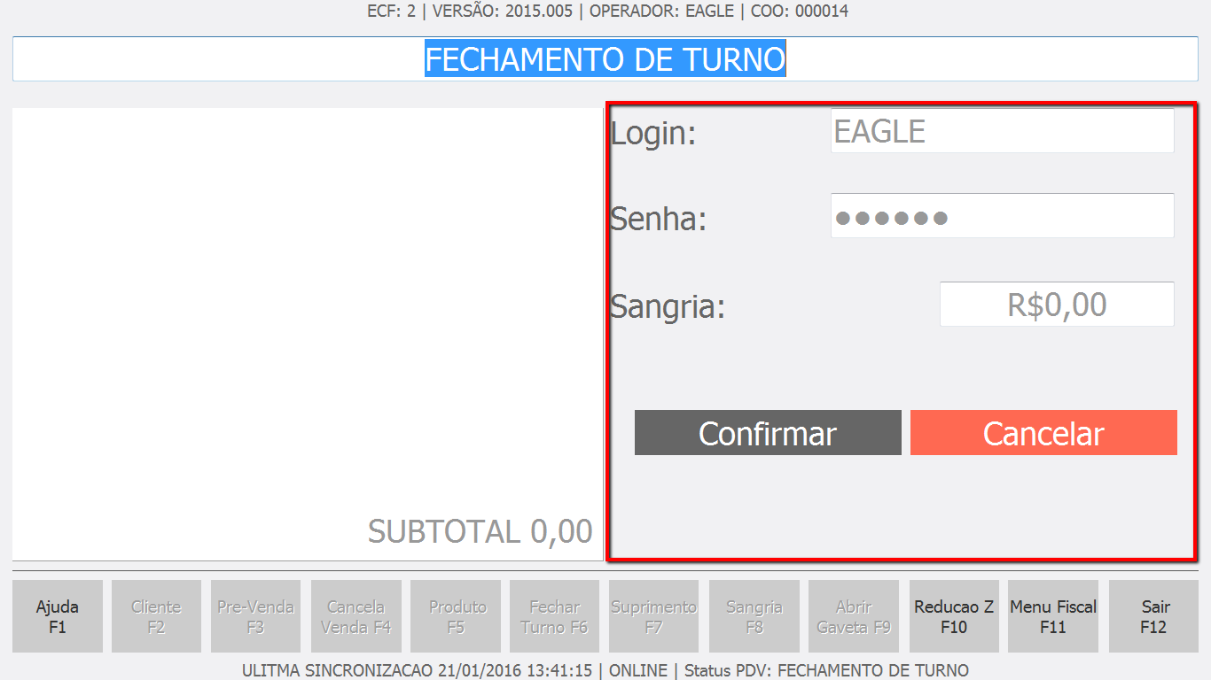 Fechamento de turno