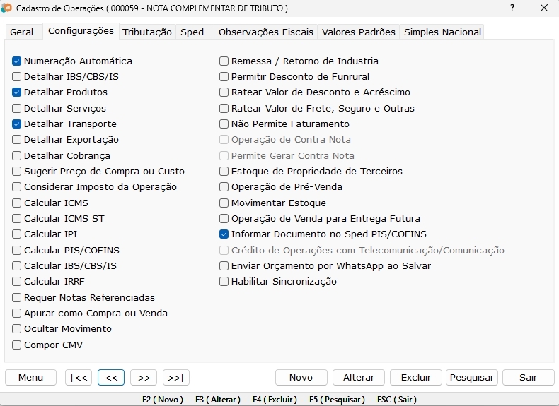 aba  configurações - tributos