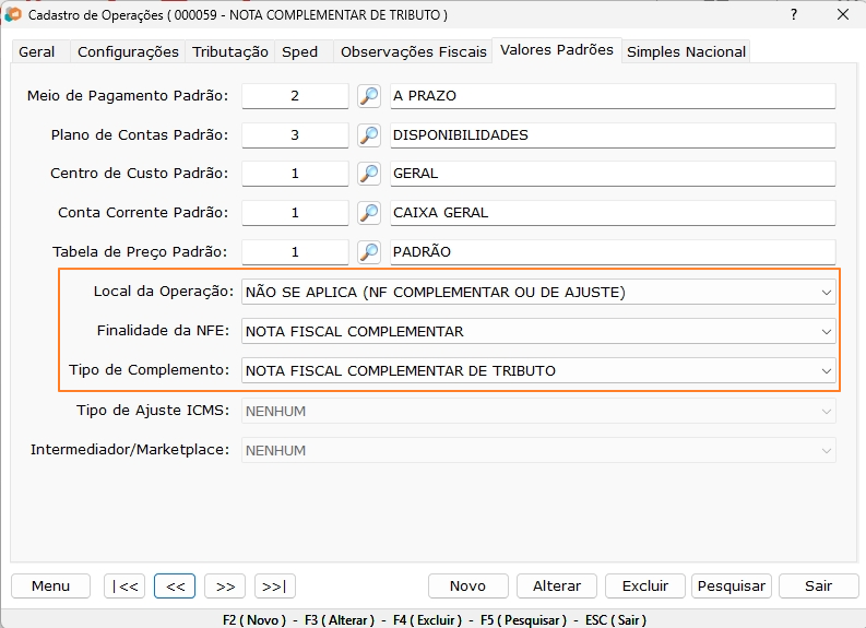 valores padrao - tributos
