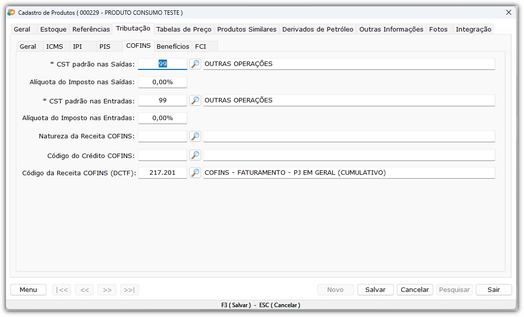 Cadastro Produto - COFINS