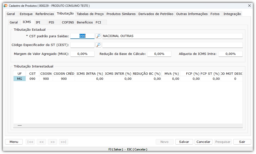Cadastro Produto - ICMS
