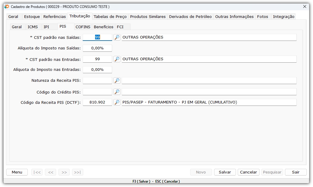 Cadastro Produto - PIS