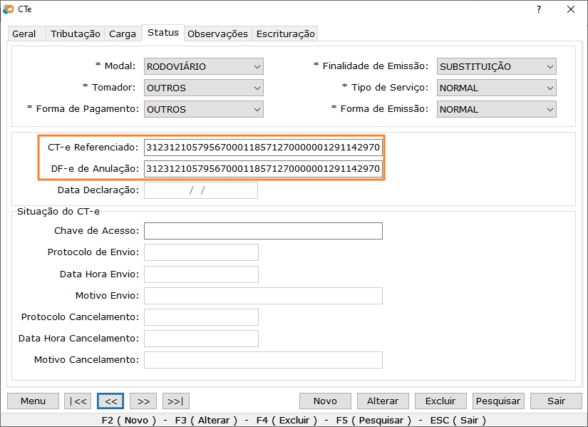 Aba Status do CT-e de Substituição