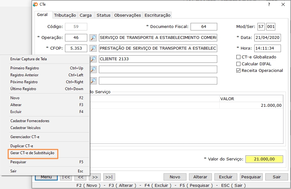 Opção Gerar CT-e de Substituição