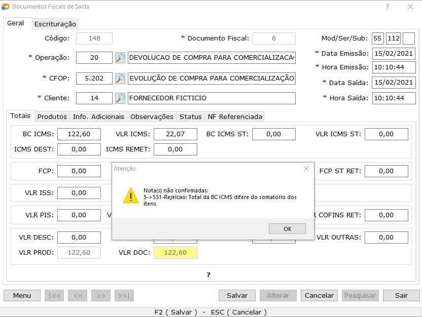 Rejeição BC difere Itens