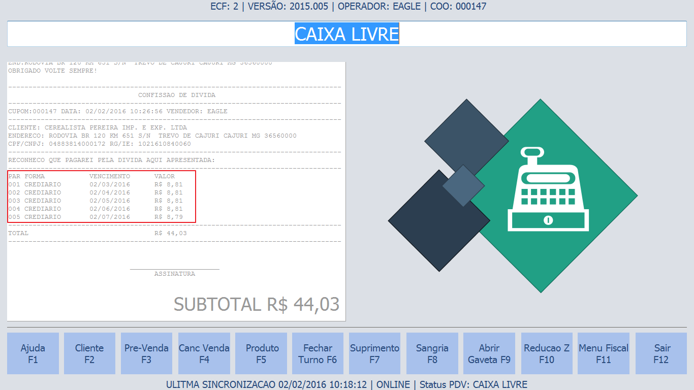 Tela de Caixa Livre